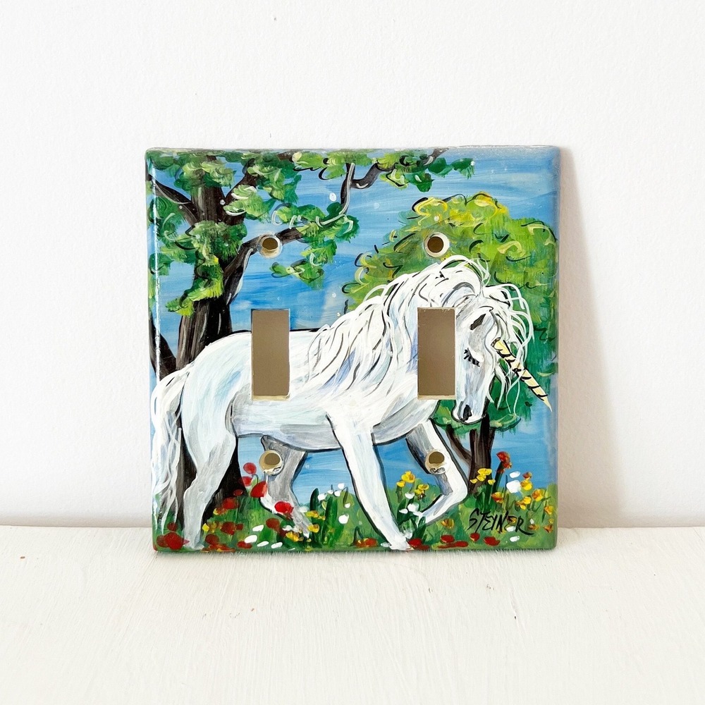 Light Switch Cover Blue Hand Painted Unicorn Double Toggle Folk Art